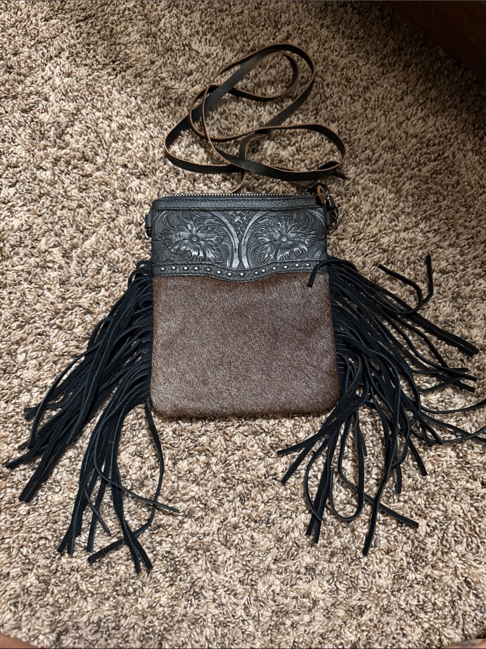 Fringed Crossbody Bag in Brown and Black - Leather Accent